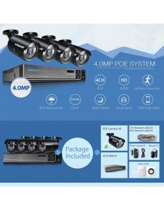 Sistem supraveghere 4 camere ip 4MP 2592*1520+ NVR PoE , iOS/ Android, Night Vision 20m, compresie Ultra H265, IP66