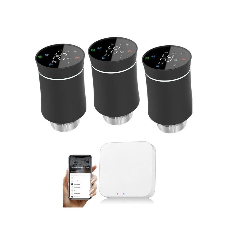 Kit automatizare smart radiatoare, 3 capuri Termostatate QTV, Wireless, Wifi, hub gateway, aplicatie iOS/ Android