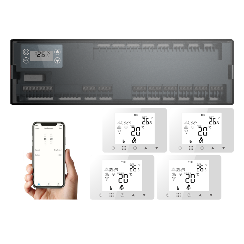 Smart automation kit Q30, Controller for underfloor heating, 4 zones, Wifi thermostats, IP, Control by phone