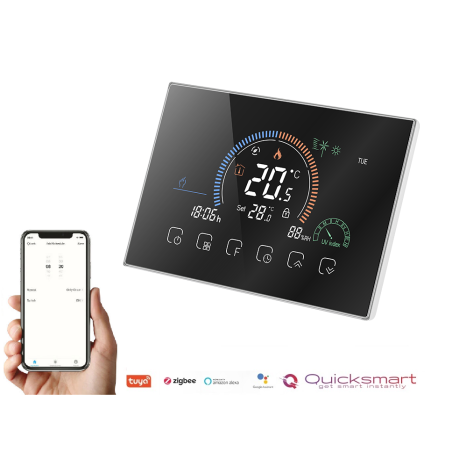 Termostat inteligent Q8000WM cu fir, Monitorizare smart temperatura, Aplicatie iOS/ Android, Ecran LCD, Comenzi tactile, Meteo