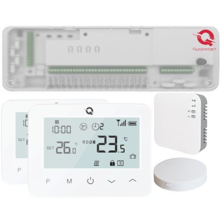 Kit Incalzire Pardoseala Wireless Q20, Automatizare Incalzire Pardoseala Smart, Controller 2 zone, 2 Termostate Wireless, e-Hub